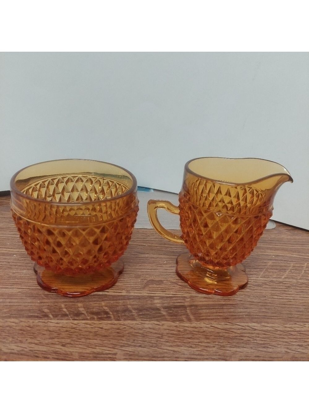 Vintage* 70s Indiana Glass Co Diamond Point Amber Cream and Sugar Set